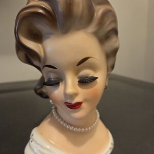Vintage Lady Head Vase with Pearl Necklace